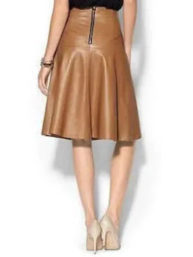 Camel Original Leather A-Line Skirt - High Waist Full Grain Leather Skirt for Women