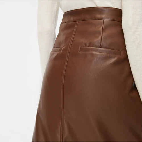 Brown Original Leather Midi Skirt - Front Zipper Full Grain Premium Leather Skirt for Women