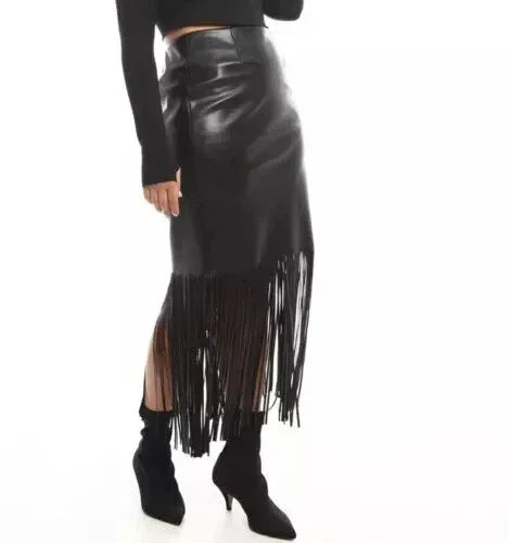 Black Original Leather Fringe Midi Skirt - Western Style Full Grain Premium Leather Skirt for Women