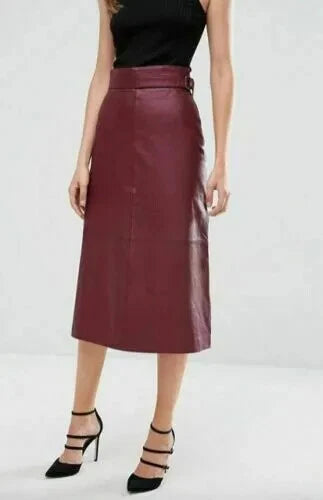 Burgundy Original Leather Midi Skirt - A-Line Full Grain Premium Leather Skirt for Women