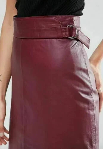 Burgundy Original Leather Midi Skirt - A-Line Full Grain Premium Leather Skirt for Women