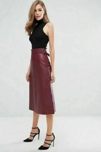 Burgundy Original Leather Midi Skirt - A-Line Full Grain Premium Leather Skirt for Women