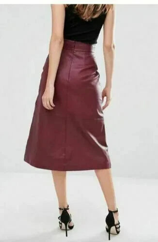 Burgundy Original Leather Midi Skirt - A-Line Full Grain Premium Leather Skirt for Women
