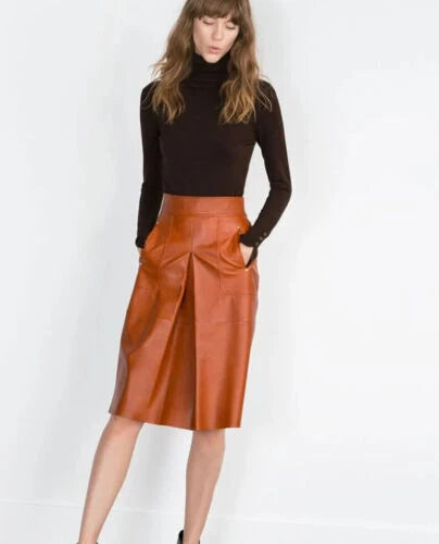 Cognac Original Leather Pleated Midi Skirt - High Waist Full Grain Leather Premium Skirt for Women