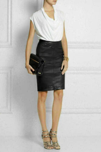 Black Original Leather Pencil Skirt - High Waist Full Grain Leather Premium Skirt for Women
