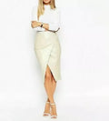 Cream Original Leather Pencil Skirt - Button Detail Full Grain Leather Premium Skirt for Women