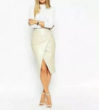 Cream Original Leather Pencil Skirt - Button Detail Full Grain Leather Premium Skirt for Women