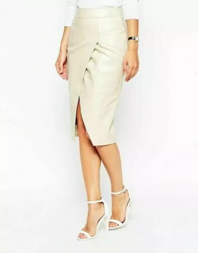 Cream Original Leather Pencil Skirt - Button Detail Full Grain Leather Premium Skirt for Women
