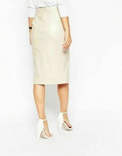 Cream Original Leather Pencil Skirt - Button Detail Full Grain Leather Premium Skirt for Women