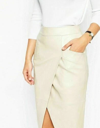 Cream Original Leather Pencil Skirt - Button Detail Full Grain Leather Premium Skirt for Women
