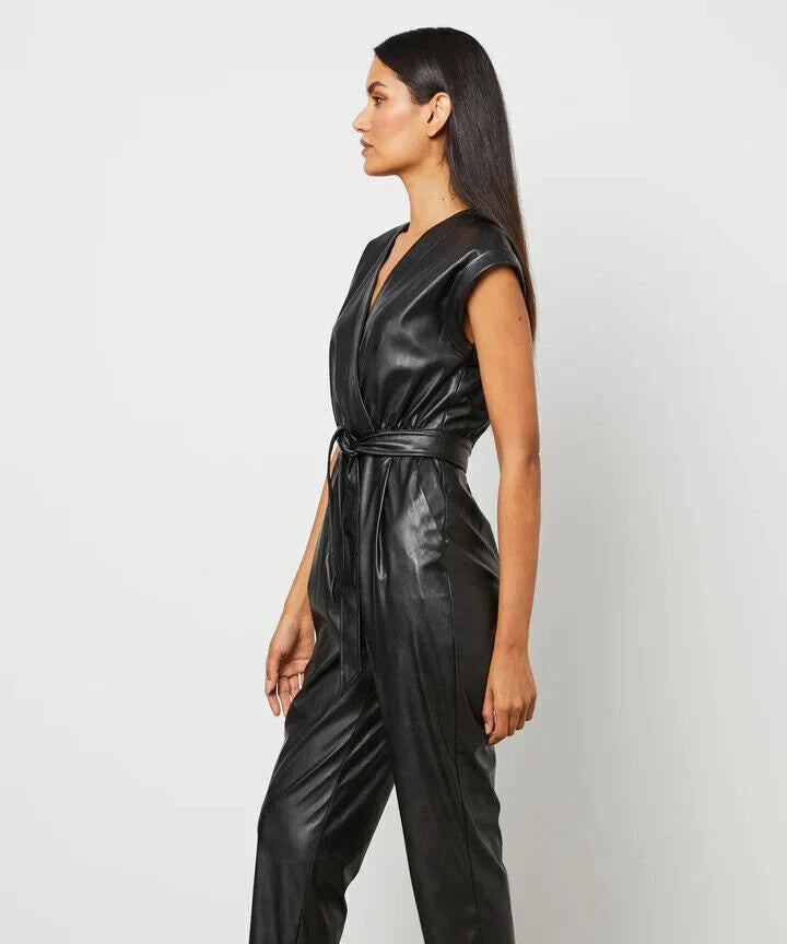 Black Original Leather Wrap Jumpsuit - Premium Full-Grain Leather Belted Jumpsuit for Women