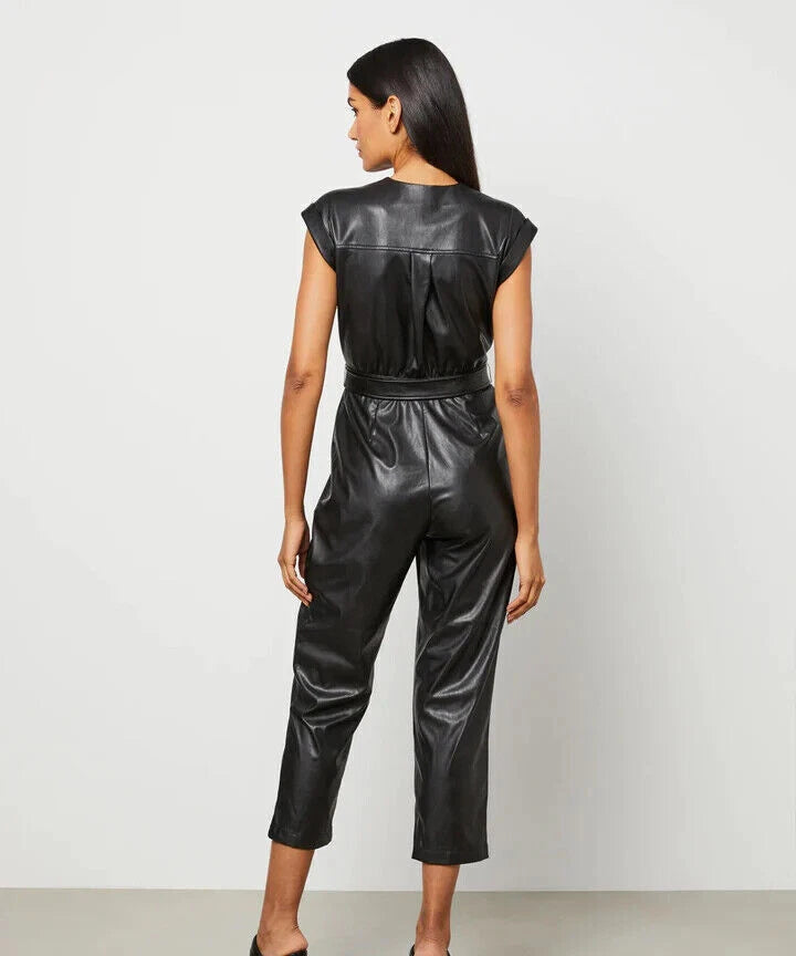 Black Original Leather Wrap Jumpsuit - Premium Full-Grain Leather Belted Jumpsuit for Women