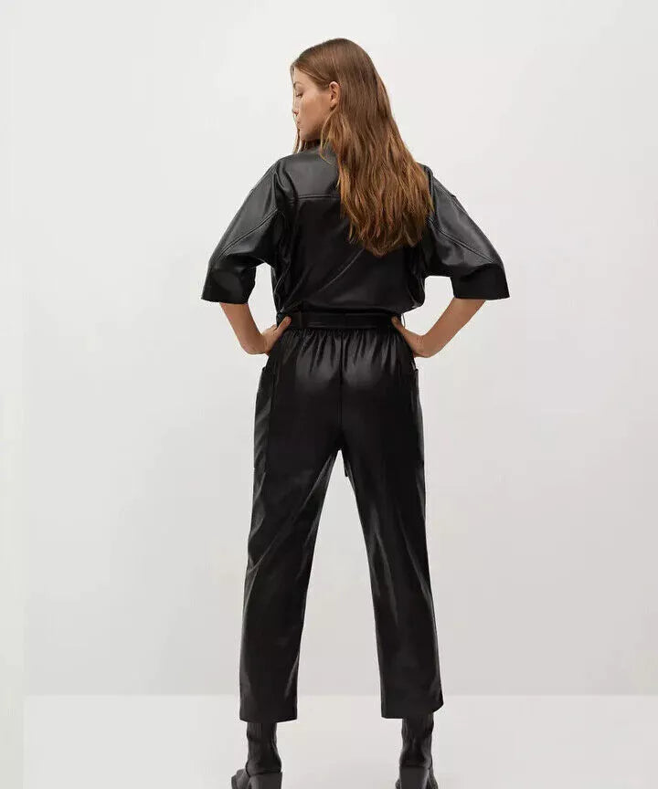 Black Leather Original Relaxed Jumpsuit - Premium Full-Grain Leather 3/4 Sleeve Jumpsuit for Women