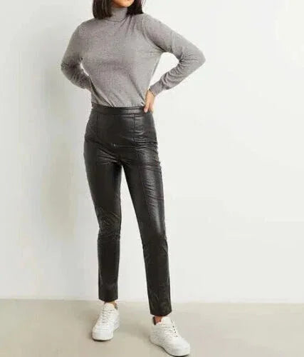 Black Original Leather Straight Leg Pants - High-Waisted Slim Fit Genuine Premium Leather Trousers for Women