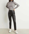Black Original Leather Straight Leg Pants - High-Waisted Slim Fit Genuine Premium Leather Trousers for Women
