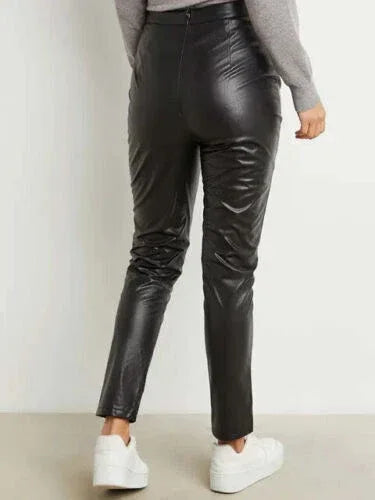Black Original Leather Straight Leg Pants - High-Waisted Slim Fit Genuine Premium Leather Trousers for Women