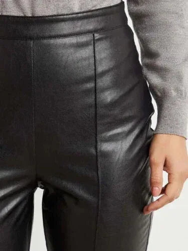 Black Original Leather Straight Leg Pants - High-Waisted Slim Fit Genuine Premium Leather Trousers for Women