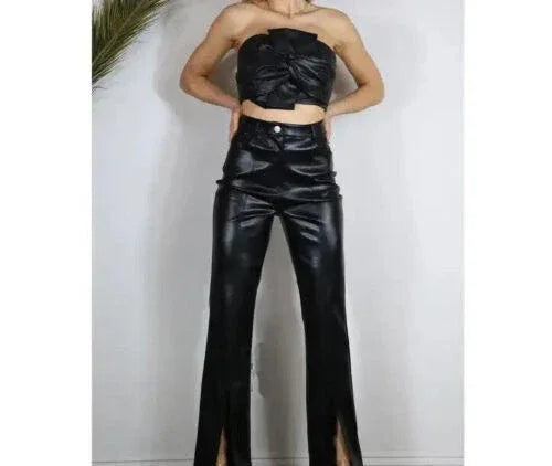 Black Original Leather Flare Pants with Front Slit - High-Waisted Bootcut Genuine Premium Leather Trousers for Women