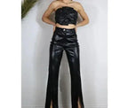 Black Original Leather Flare Pants with Front Slit - High-Waisted Bootcut Genuine Premium Leather Trousers for Women