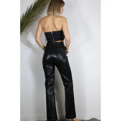 Black Original Leather Flare Pants with Front Slit - High-Waisted Bootcut Genuine Premium Leather Trousers for Women