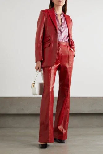 Red Original Leather Pants - High-Waisted Flare Leg Genuine Premium Leather Trousers for Women