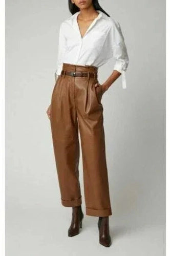 Brown Original Leather Wide Leg Pants with Cuffed Hem - High-Waisted Genuine Leather Trousers for Women