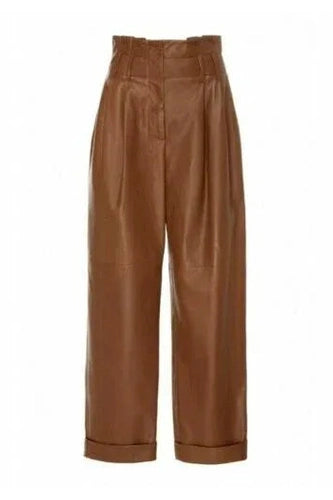 Brown Original Leather Wide Leg Pants with Cuffed Hem - High-Waisted Genuine Leather Trousers for Women