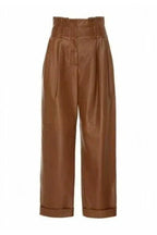 Brown Original Leather Wide Leg Pants with Cuffed Hem - High-Waisted Genuine Leather Trousers for Women