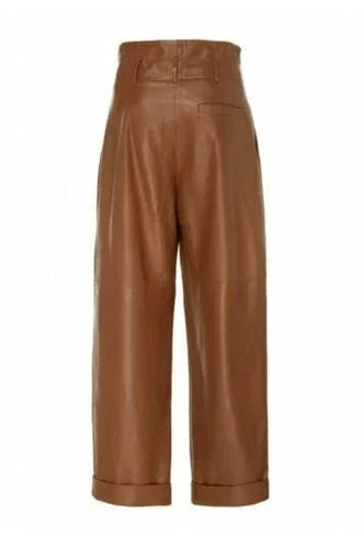 Brown Original Leather Wide Leg Pants with Cuffed Hem - High-Waisted Genuine Leather Trousers for Women