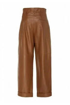 Brown Original Leather Wide Leg Pants with Cuffed Hem - High-Waisted Genuine Leather Trousers for Women