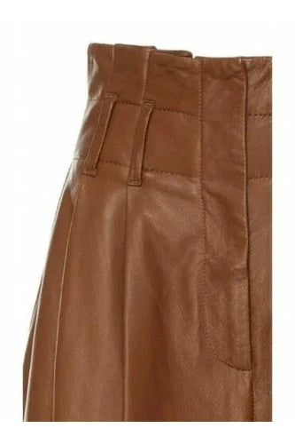 Brown Original Leather Wide Leg Pants with Cuffed Hem - High-Waisted Genuine Leather Trousers for Women