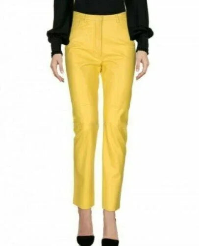 Yellow Original Leather Pants - High-Waisted Straight Leg Genuine Premium Leather Trousers for Women