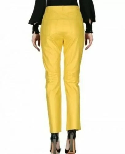 Yellow Original Leather Pants - High-Waisted Straight Leg Genuine Premium Leather Trousers for Women