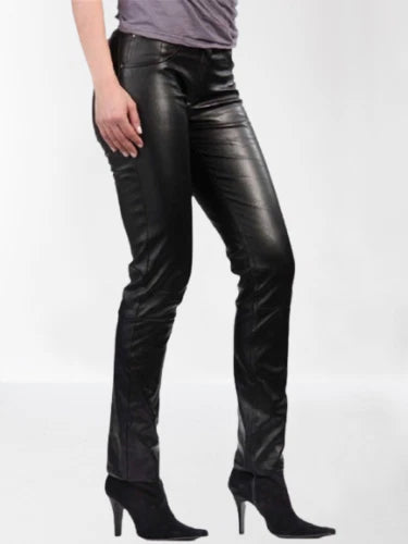 Black Original Leather Straight Leg Pants - High-Waisted Slim Fit Genuine Premium Leather Trousers for Women