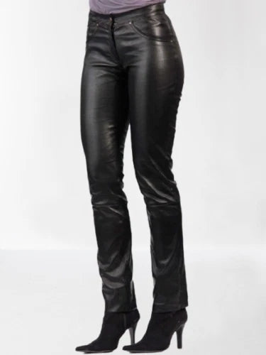 Black Original Leather Straight Leg Pants - High-Waisted Slim Fit Genuine Premium Leather Trousers for Women