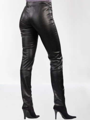Black Original Leather Straight Leg Pants - High-Waisted Slim Fit Genuine Premium Leather Trousers for Women