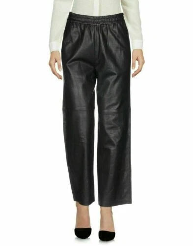 Black Original Leather Wide Leg Culottes - High-Waisted Elastic Waist Genuine Premium Leather Trousers for Women