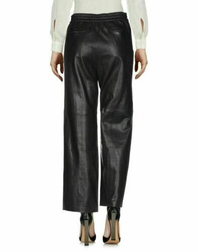 Black Original Leather Wide Leg Culottes - High-Waisted Elastic Waist Genuine Premium Leather Trousers for Women