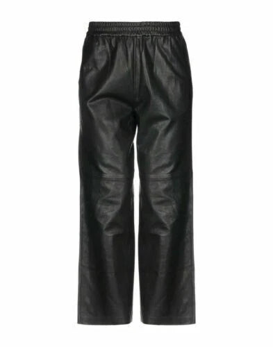 Black Original Leather Wide Leg Culottes - High-Waisted Elastic Waist Genuine Premium Leather Trousers for Women