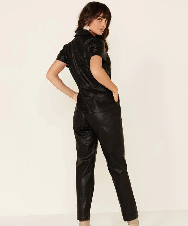 Black Original Leather Jumpsuit - Premium Full-Grain Leather Utility Jumpsuit for Women