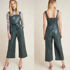Green Original Leather Jumpsuit - Premium Full-Grain Leather Culotte Jumpsuit for Women