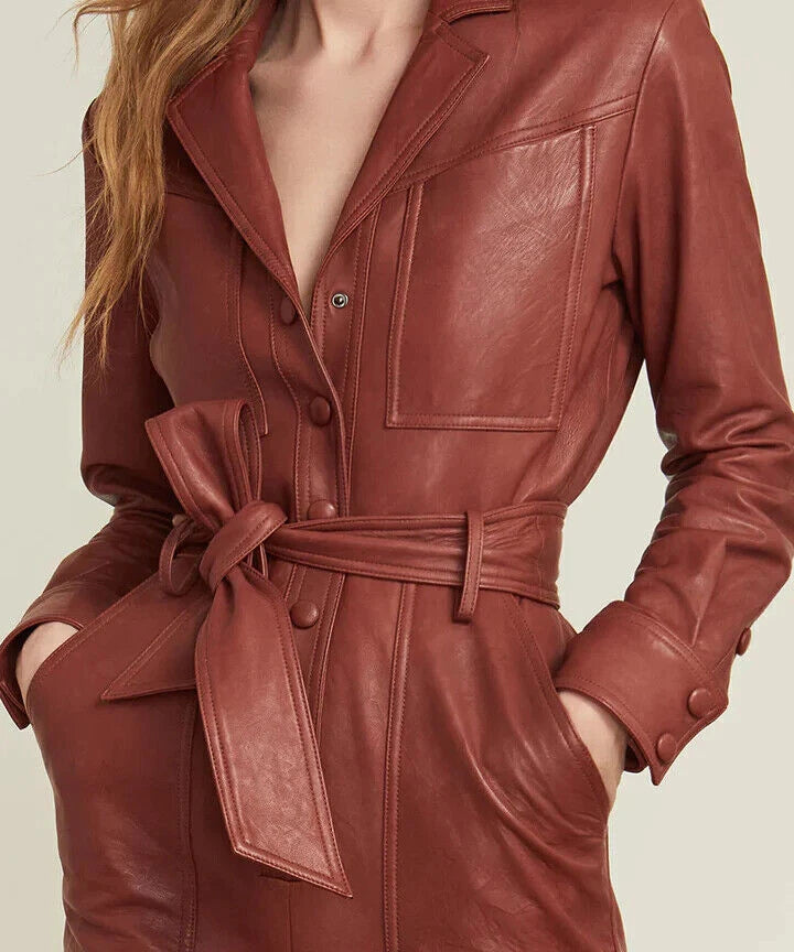Maroon Original Leather Jumpsuit - Premium Full-Grain Leather Blazer Jumpsuit for Women