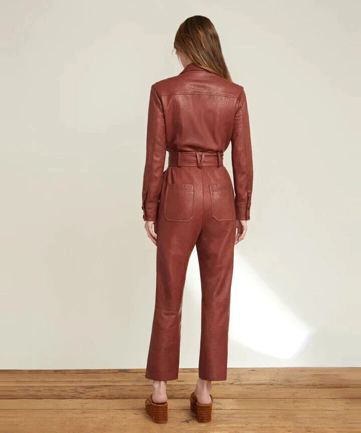 Maroon Original Leather Jumpsuit - Premium Full-Grain Leather Blazer Jumpsuit for Women