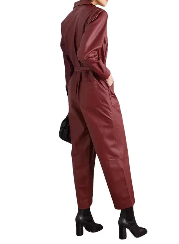 Burgundy Leather Original Jumpsuit - Premium Full-Grain Leather Utility Jumpsuit for Women