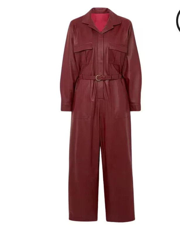 Burgundy Leather Original Jumpsuit - Premium Full-Grain Leather Utility Jumpsuit for Women