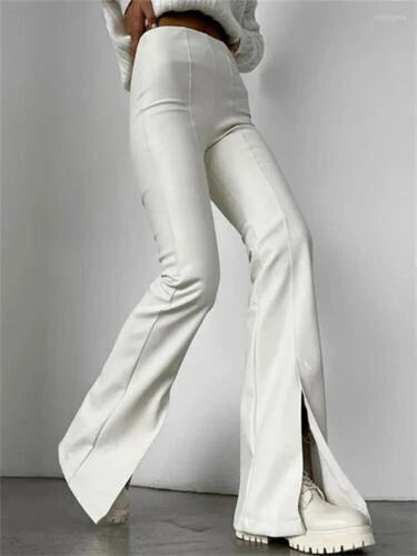 White Original Leather Flare Pants with Front Slit - High-Waisted Bootcut Genuine Premium Leather Trousers for Women