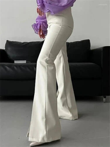 White Original Leather Flare Pants with Front Slit - High-Waisted Bootcut Genuine Premium Leather Trousers for Women