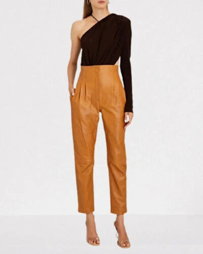 Brown Leather Pleated Tapered Pants - High-Waisted Genuine Leather Trousers for Women