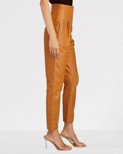 Brown Leather Pleated Tapered Pants - High-Waisted Genuine Leather Trousers for Women