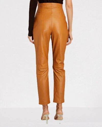Brown Leather Pleated Tapered Pants - High-Waisted Genuine Leather Trousers for Women